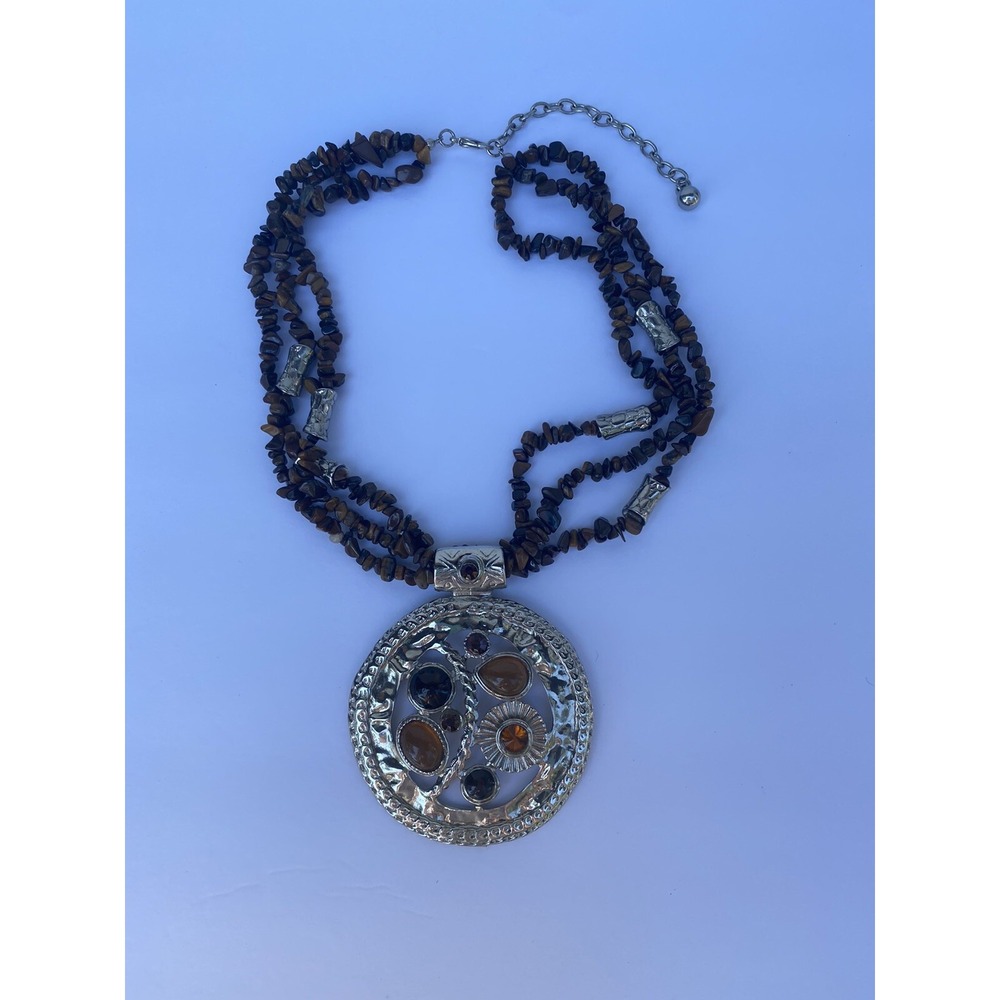 Necklace big pendant brown tone silver tone 17" inches bohemian chic 3"‎ pendant - Picture 9 of 12